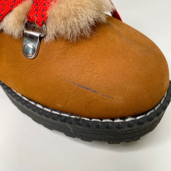J.Crew Nordic Ankle Boots Fur Trim Lug Sole Red‎ Laces Glazed Pecan Nubuck Sz 9 - Picture 11 of 13